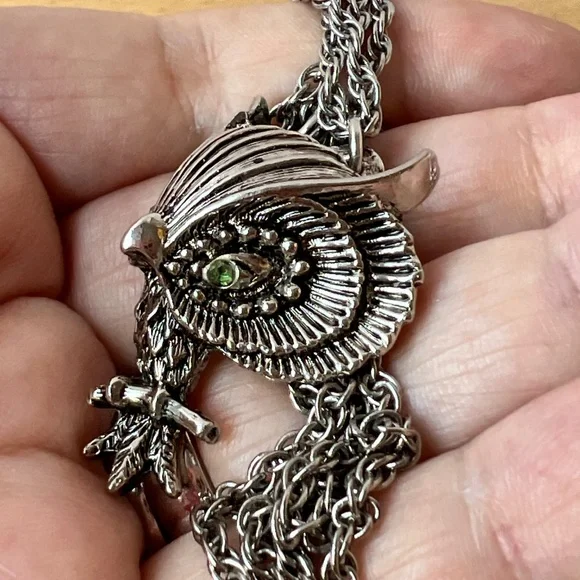 VINTAGE DAVID GRAU SPAIN GREEN CRYSTAL OWL NECKLACE PENDANT ROPE CHAIN HALLMARKD